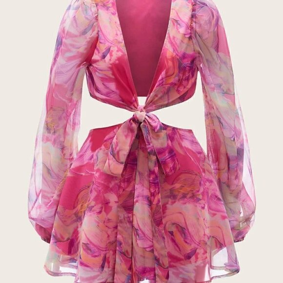 Multicolor Boho Lantern Sleeve Knot Cutout Waist Chiffon Romper - Picture 5 of 10